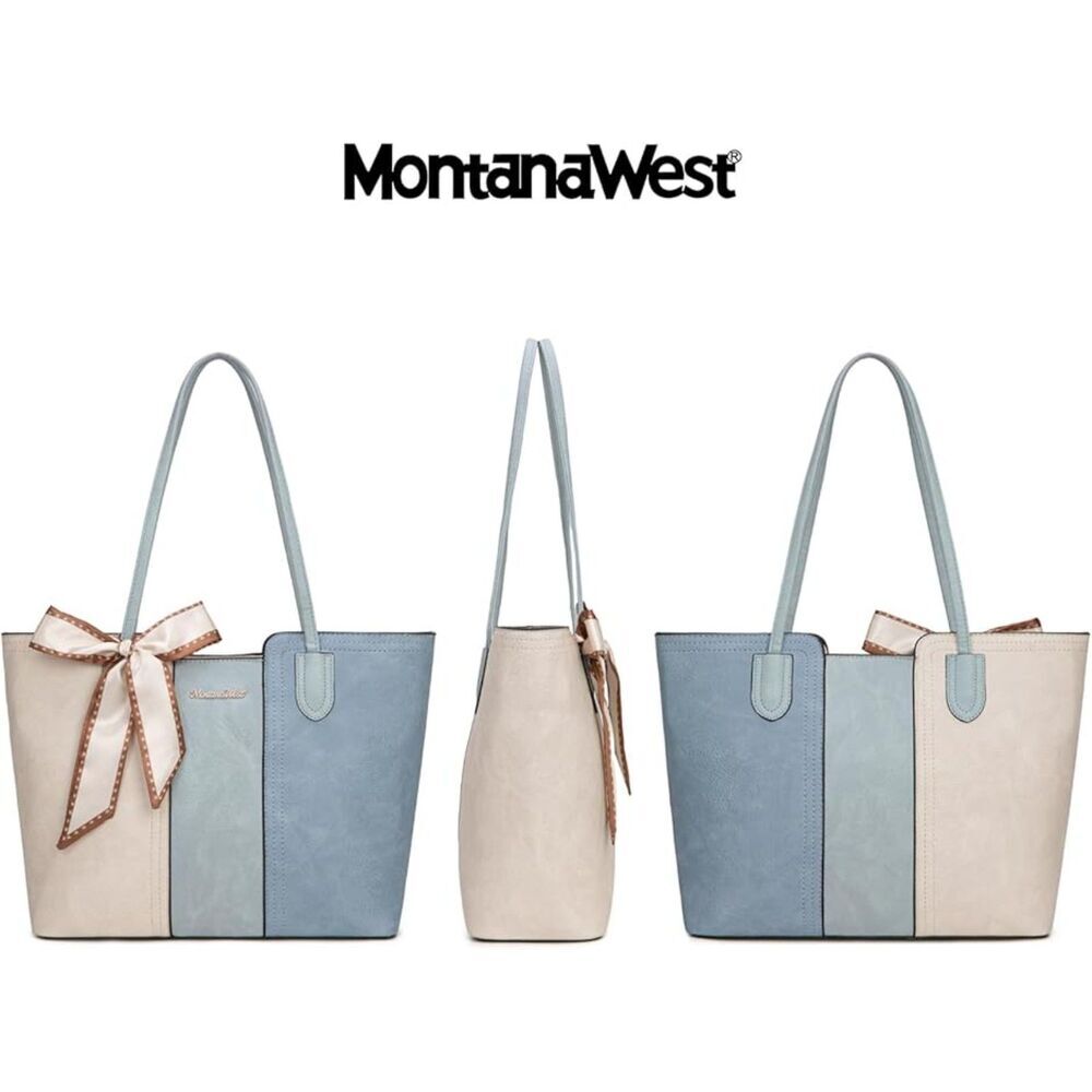 Women Beige Blue Imported Vegan Leather Top Handle Polyester Lining Tote Bag - Picture 3 of 4